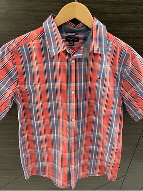 Nautica Coral and Blue Plaid Short-Sleeve Button-Down